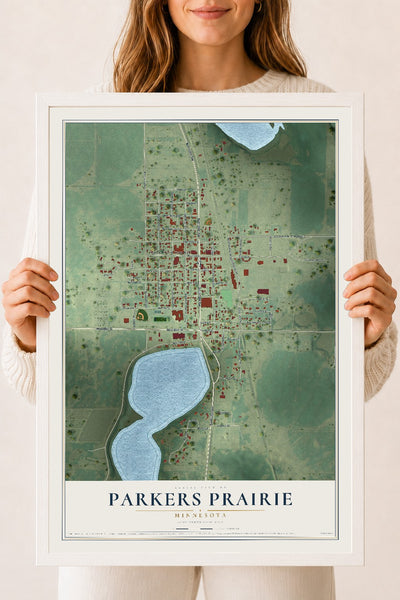 Map of Parkers Prairie, Minnesota, 18 x 24 inch print in a white wood frame