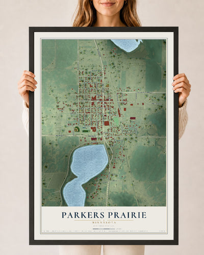 Map of Parkers Prairie, Minnesota, 24 x 36 inch print in a black wood frame