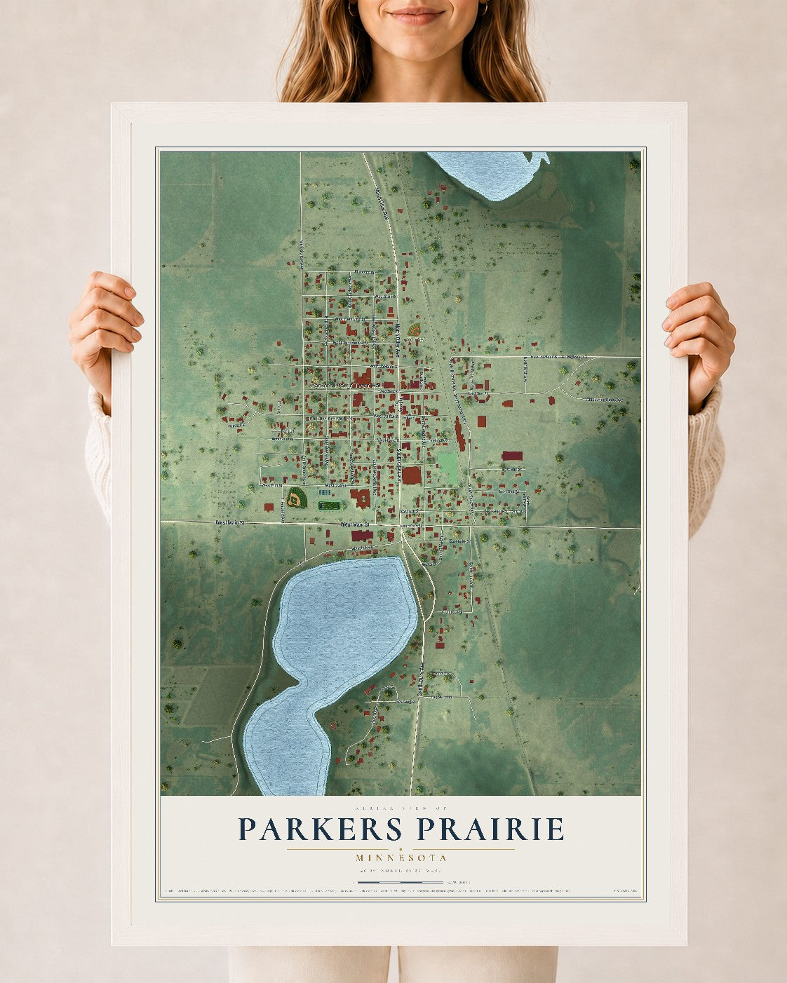 Map of Parkers Prairie, Minnesota, 24 x 36 inch print in a white wood frame