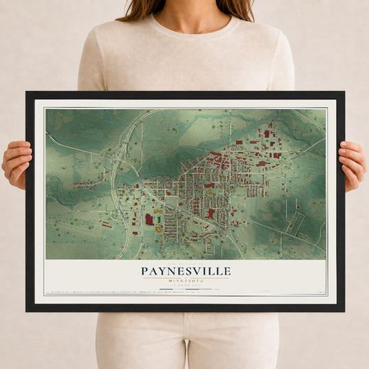 Map of Paynesville, Minnesota, 12 x 18 inch print in a black wood frame