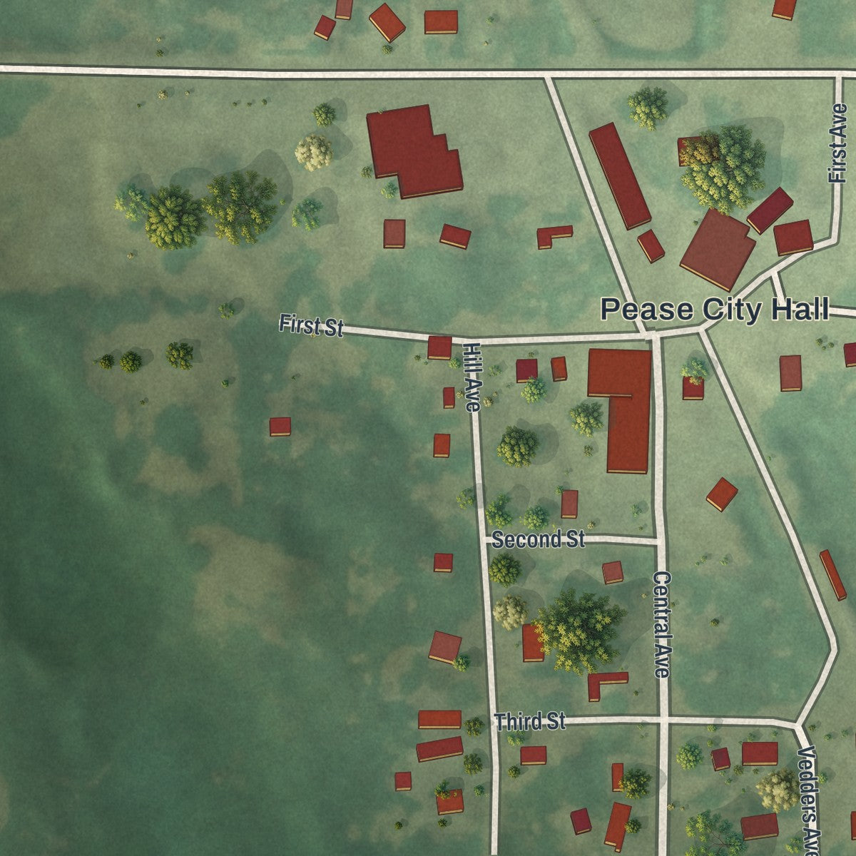 Second close-up of the map of Pease, Minnesota print showing more streets and buildings