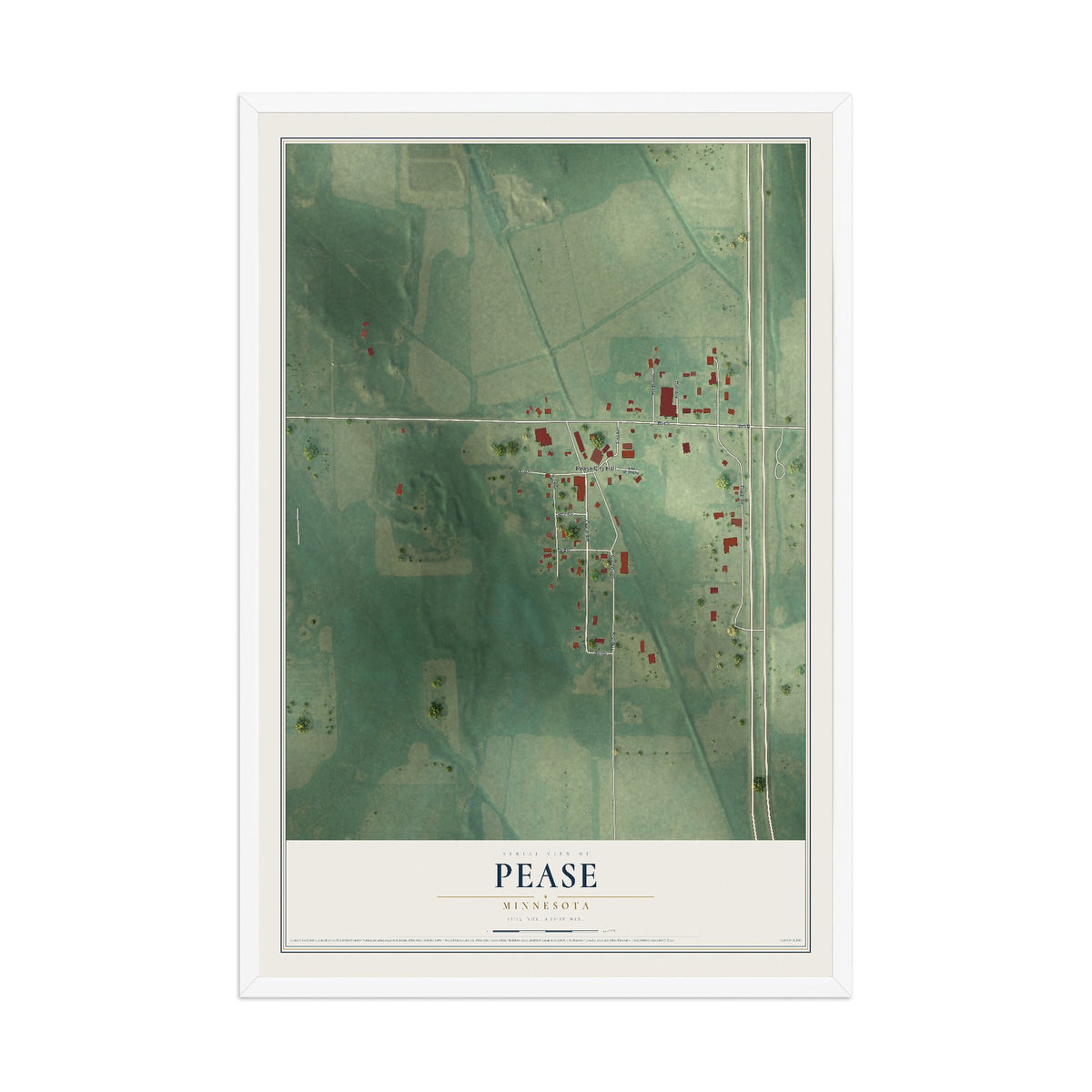 Map of Pease, Minnesota, 12 x 18 inch print in a white wood frame