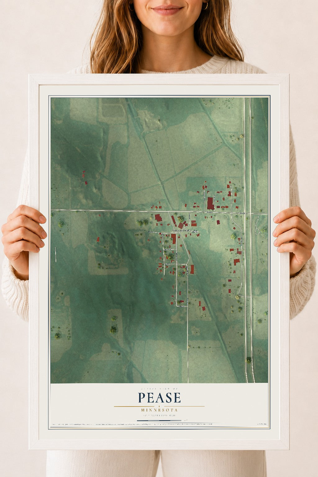 Map of Pease, Minnesota, 18 x 24 inch print in a white wood frame