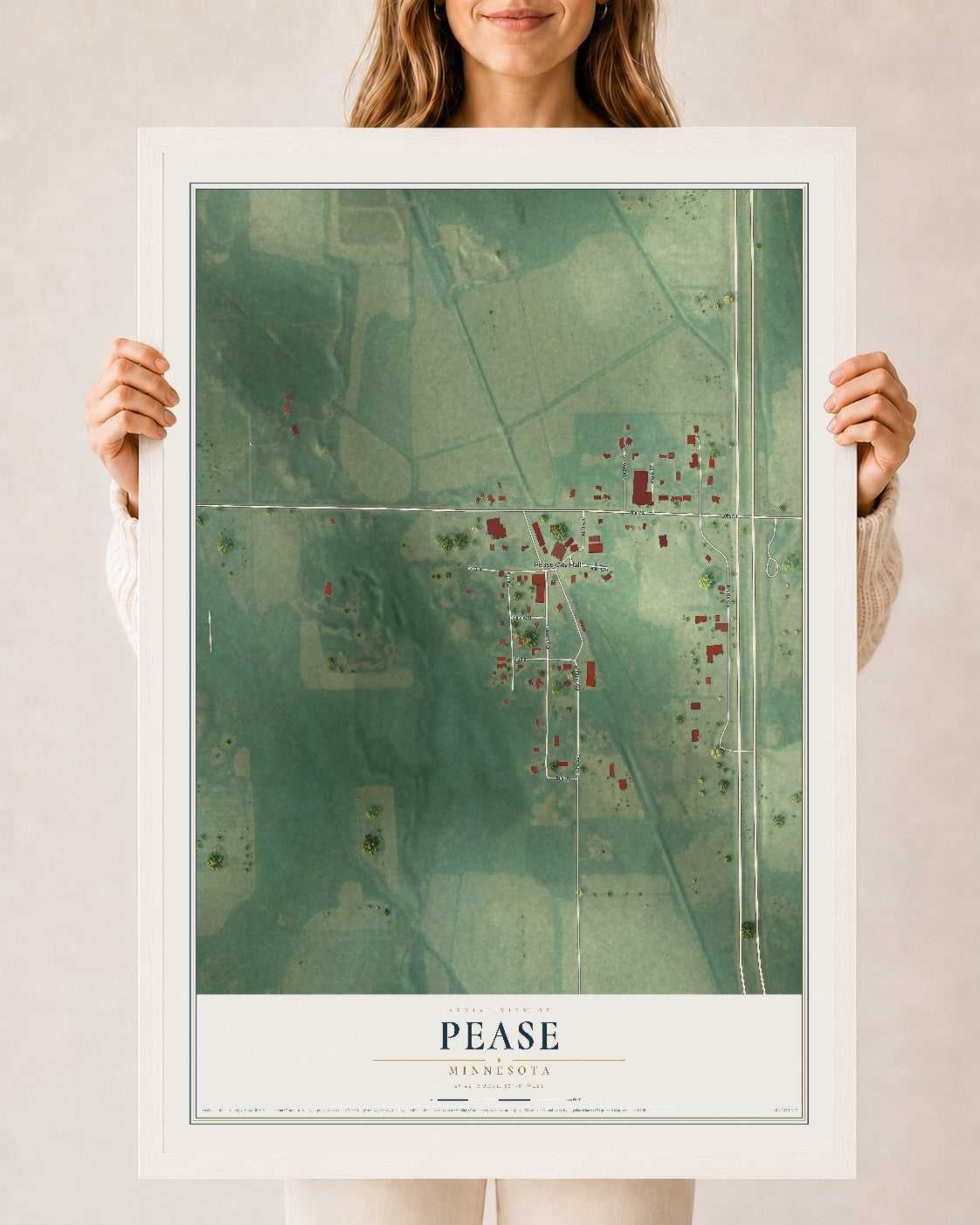 Map of Pease, Minnesota, 24 x 36 inch print in a white wood frame