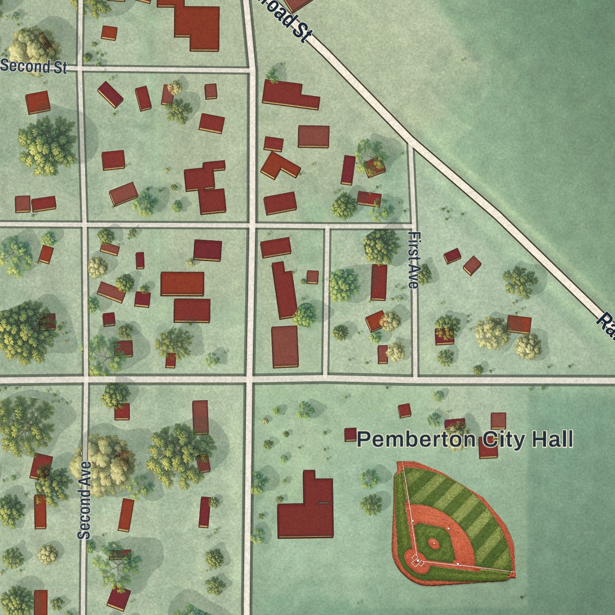 Close-up of the map of Pemberton, Minnesota print showing street and building detail