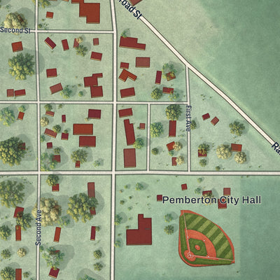 Close-up of the map of Pemberton, Minnesota print showing street and building detail
