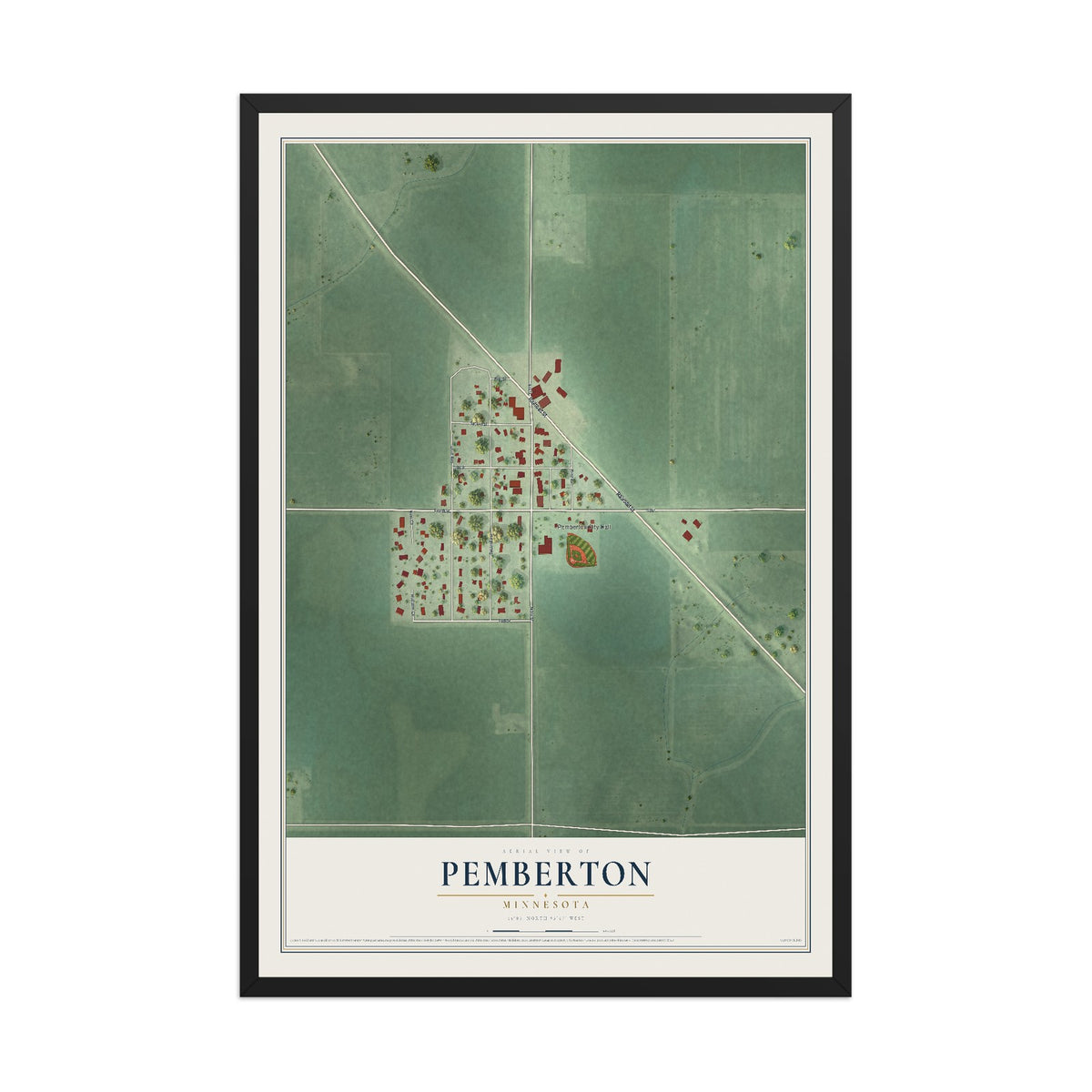 Map of Pemberton, Minnesota, 12 x 18 inch print in a black wood frame