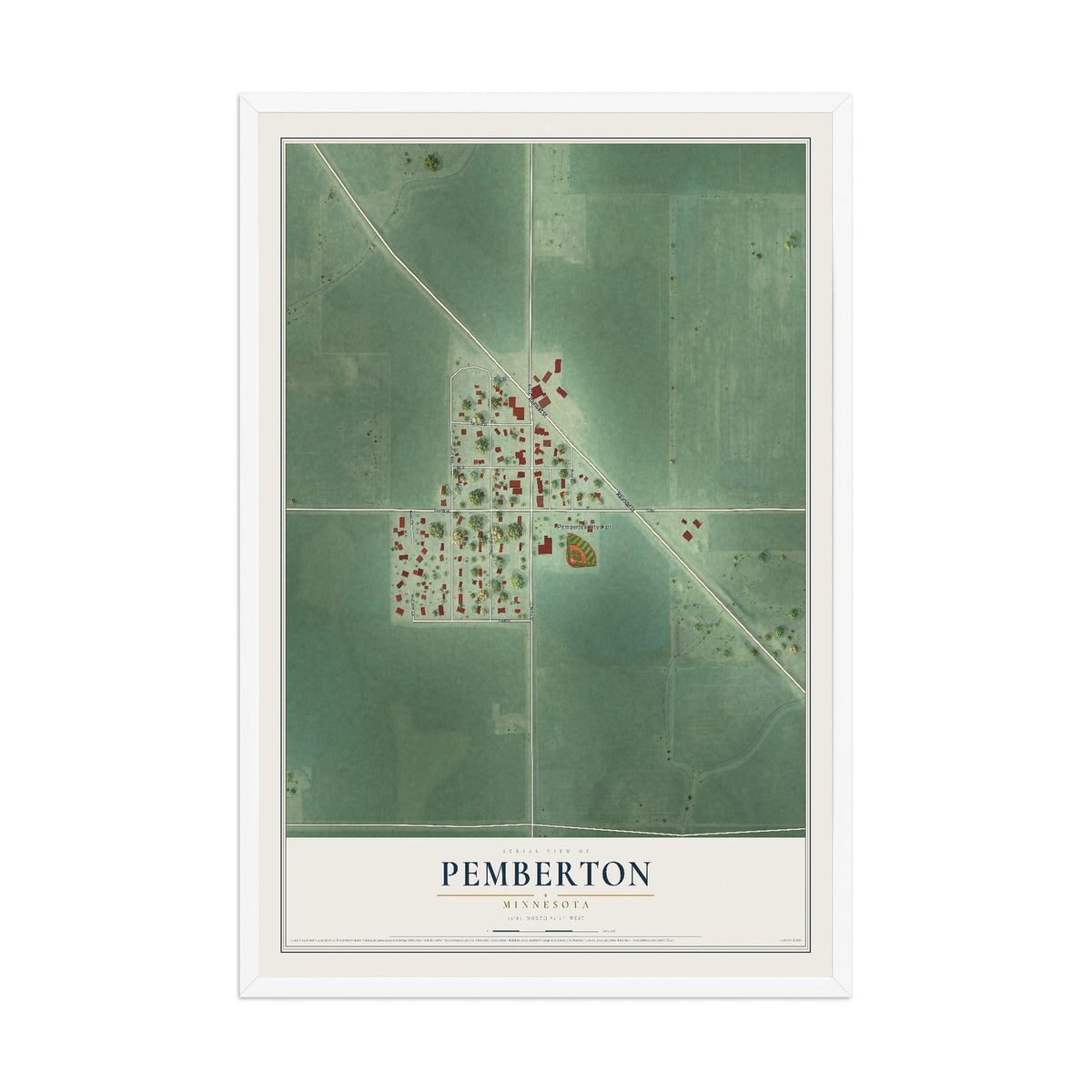 Map of Pemberton, Minnesota, 12 x 18 inch print in a white wood frame