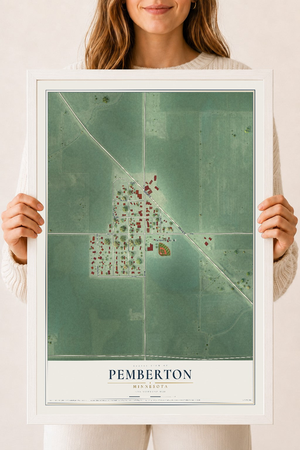 Map of Pemberton, Minnesota, 18 x 24 inch print in a white wood frame