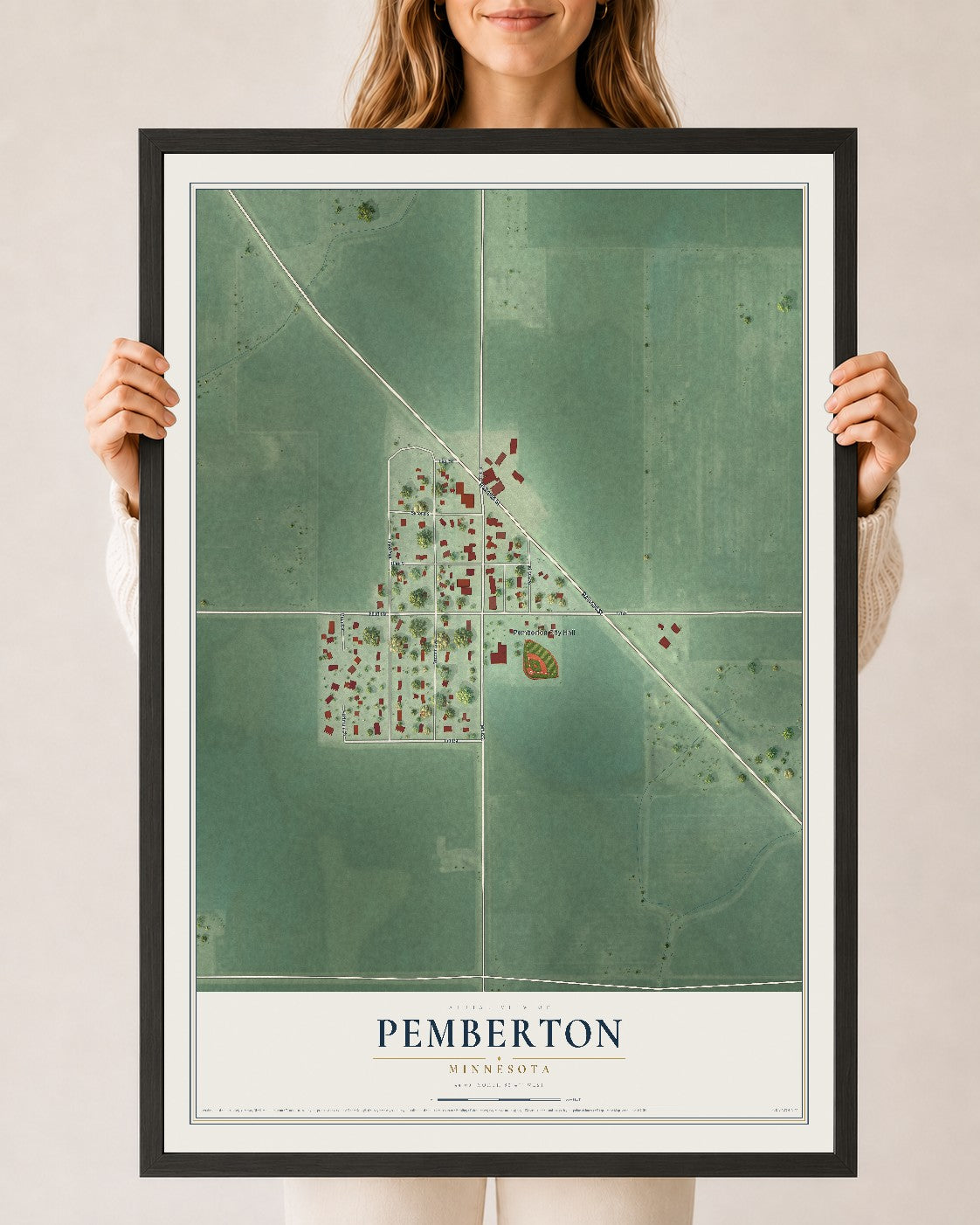 Map of Pemberton, Minnesota, 24 x 36 inch print in a black wood frame
