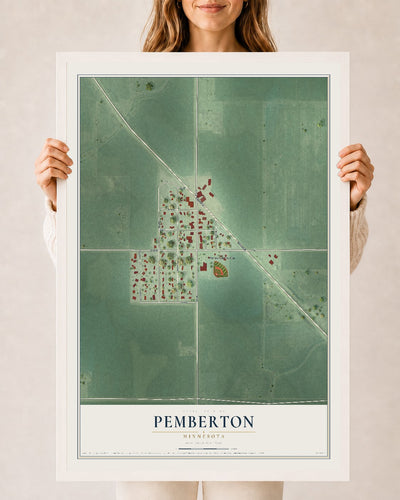 Map of Pemberton, Minnesota, 24 x 36 inch print in a white wood frame