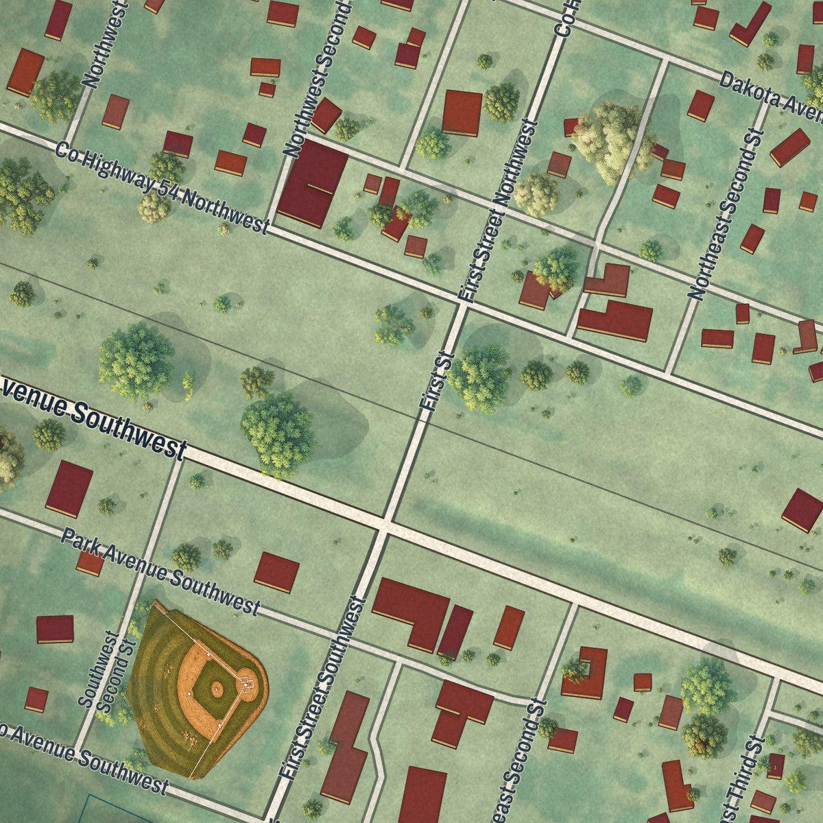 Close-up of the map of Pennock, Minnesota print showing street and building detail