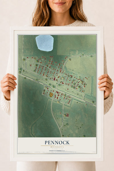 Map of Pennock, Minnesota, 18 x 24 inch print in a white wood frame