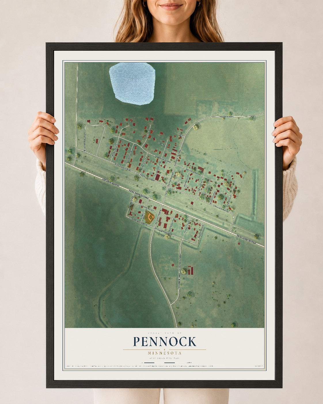 Map of Pennock, Minnesota, 24 x 36 inch print in a black wood frame
