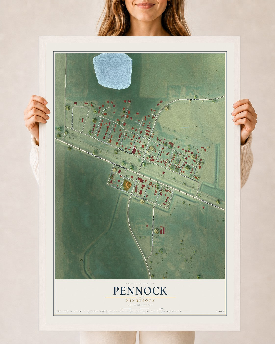 Map of Pennock, Minnesota, 24 x 36 inch print in a white wood frame