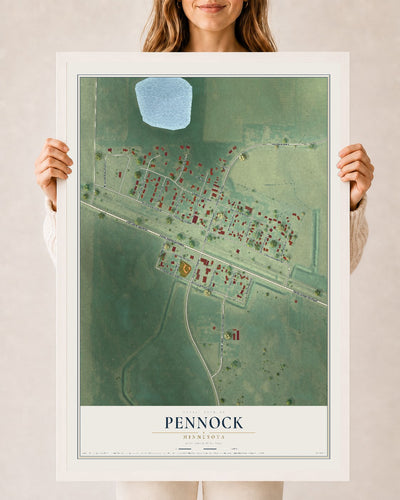 Map of Pennock, Minnesota, 24 x 36 inch print in a white wood frame