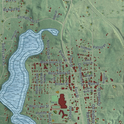 Close-up of the map of Pequot Lakes, Minnesota print showing street and building detail