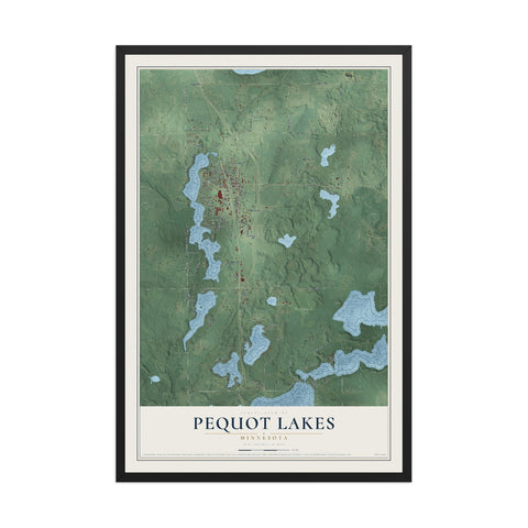 Map of Pequot Lakes, Minnesota, 12 x 18 inch print in a black wood frame