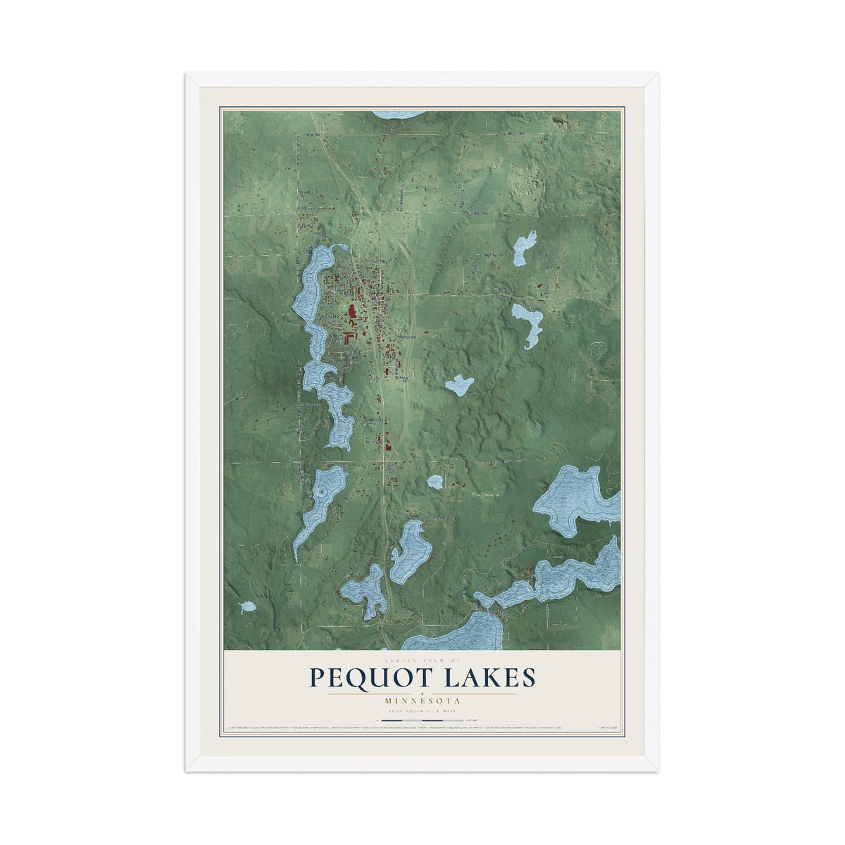 Map of Pequot Lakes, Minnesota, 12 x 18 inch print in a white wood frame