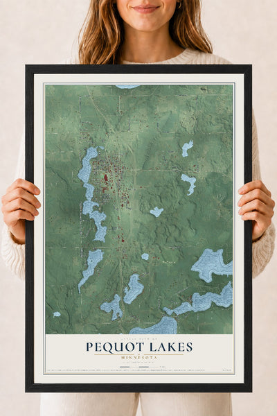 Map of Pequot Lakes, Minnesota, 18 x 24 inch print in a black wood frame