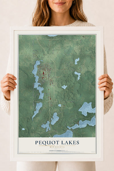 Map of Pequot Lakes, Minnesota, 18 x 24 inch print in a white wood frame