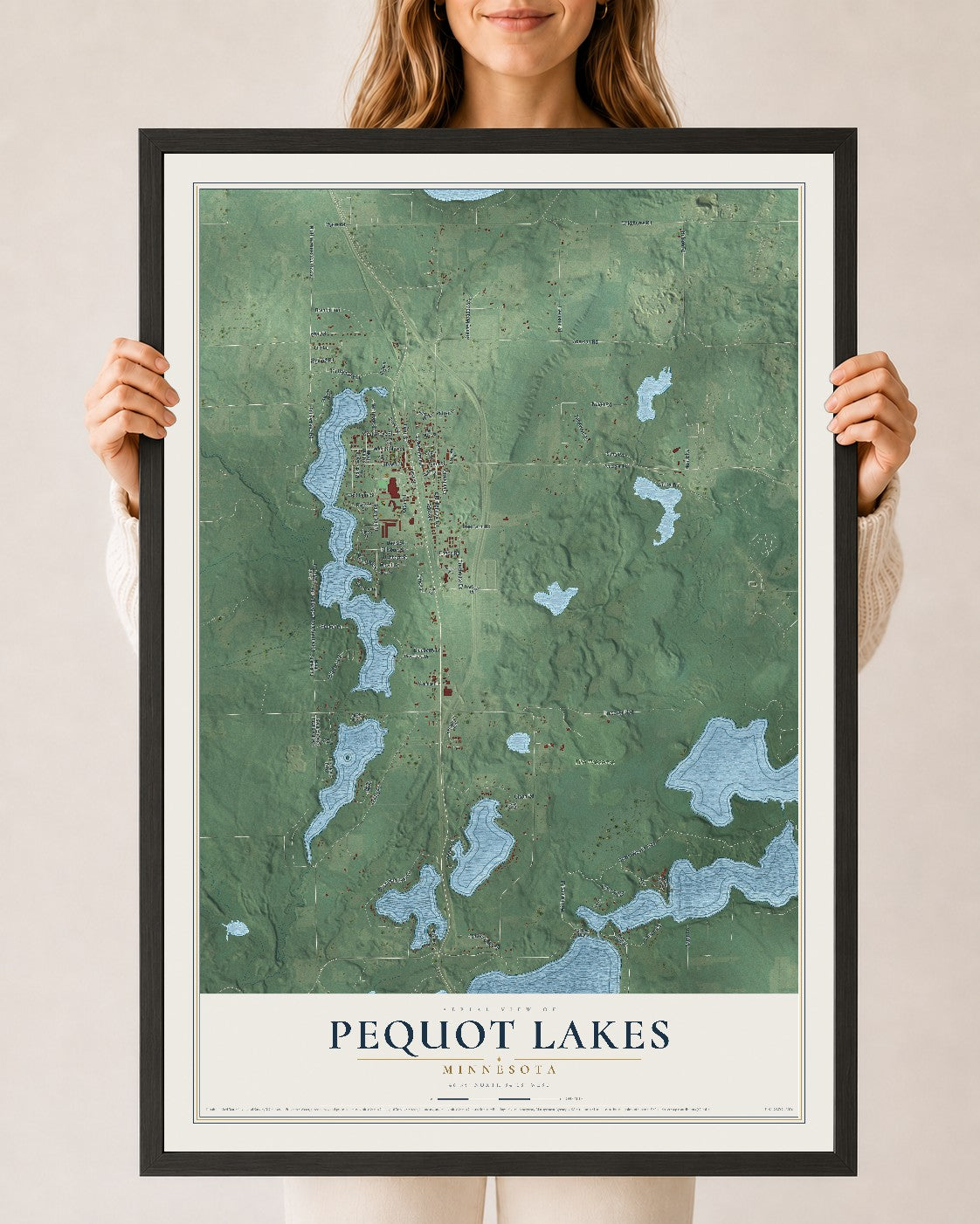 Map of Pequot Lakes, Minnesota, 24 x 36 inch print in a black wood frame