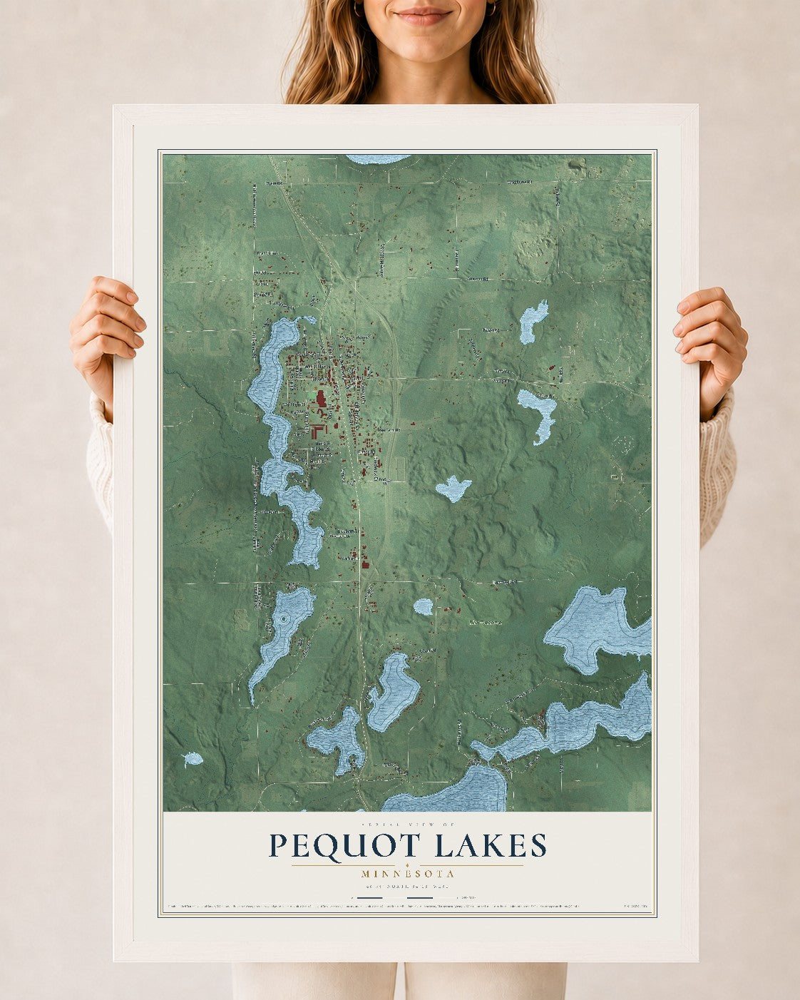 Map of Pequot Lakes, Minnesota, 24 x 36 inch print in a white wood frame