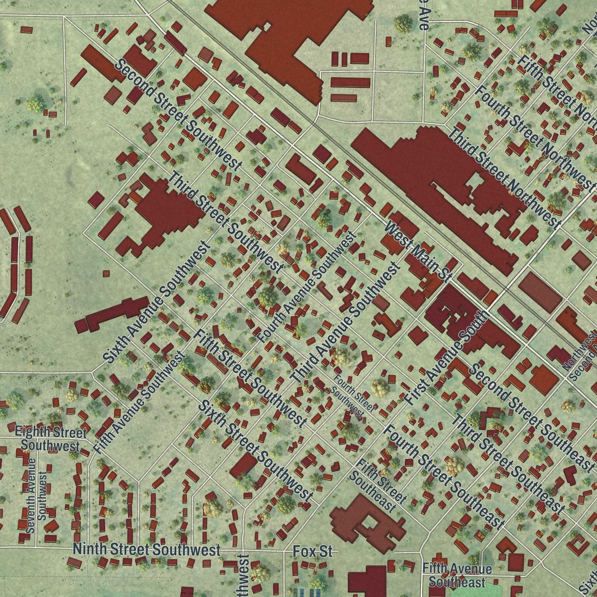 Close-up of the map of Perham, Minnesota print showing street and building detail