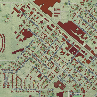 Close-up of the map of Perham, Minnesota print showing street and building detail