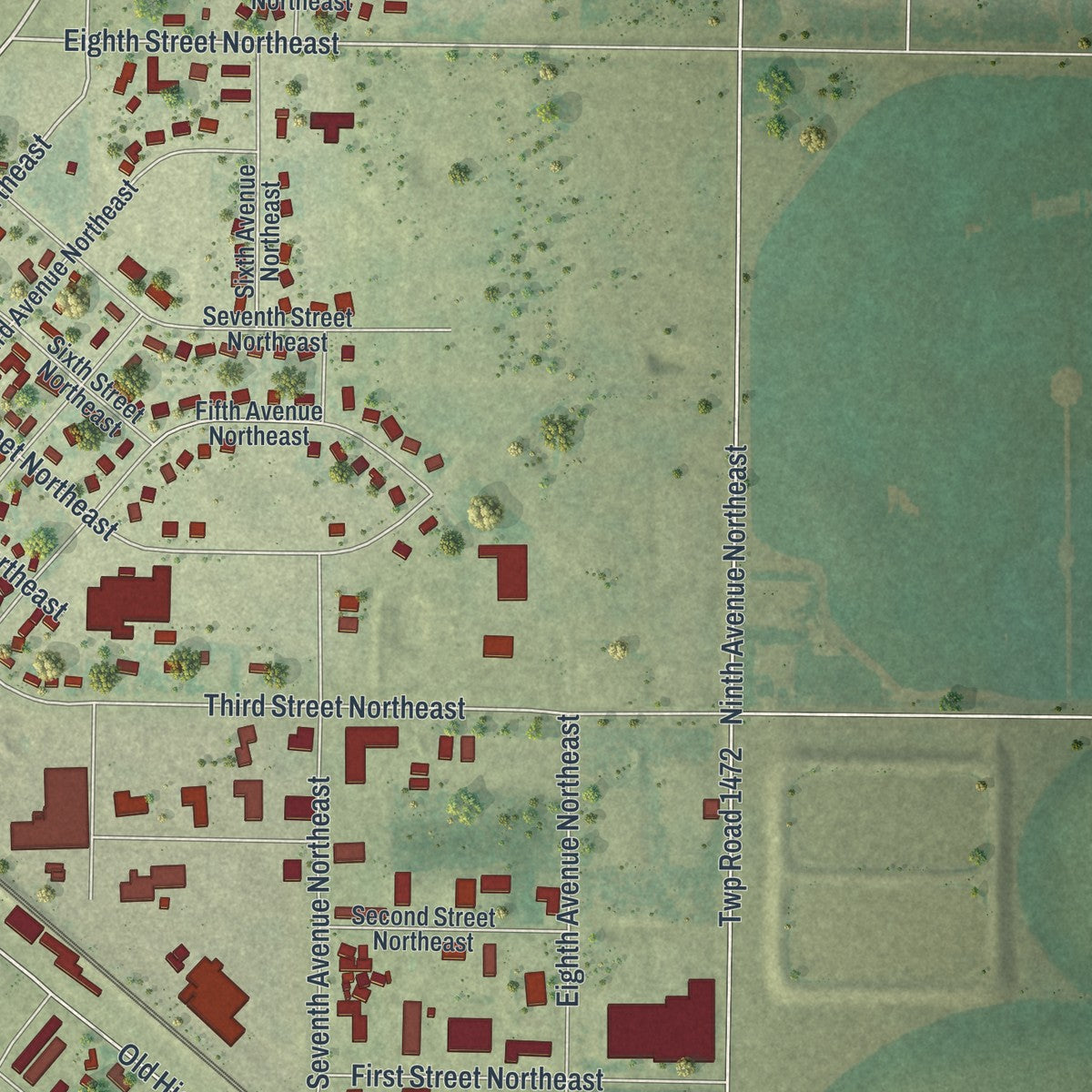 Second close-up of the map of Perham, Minnesota print showing more streets and buildings