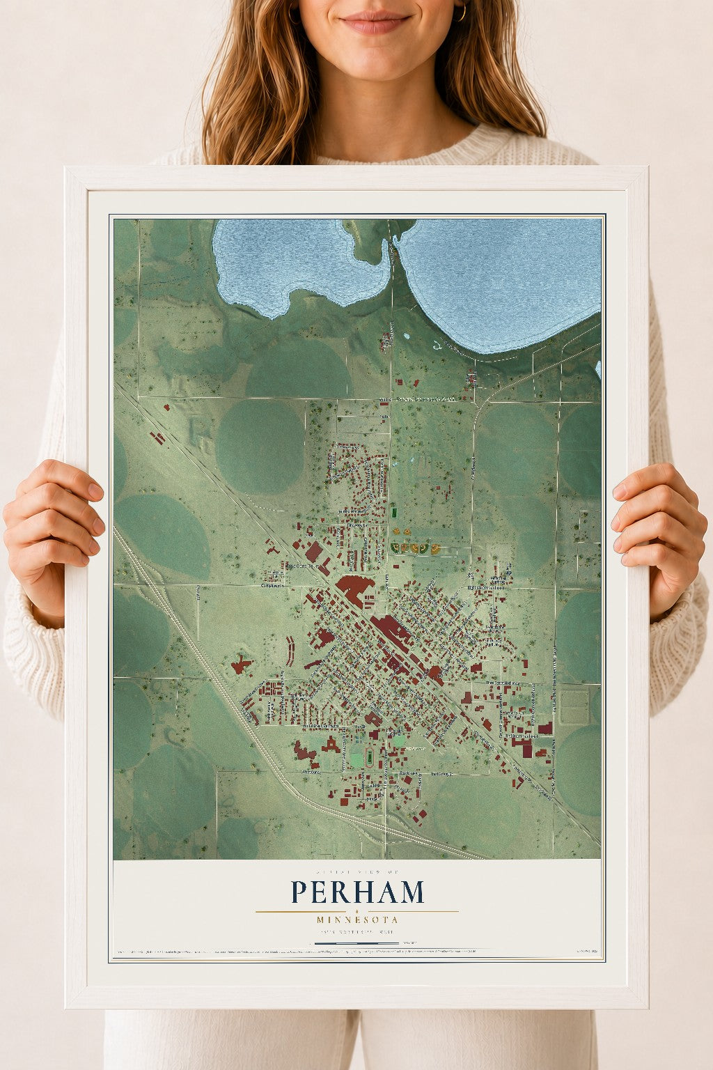 Map of Perham, Minnesota, 18 x 24 inch print in a white wood frame