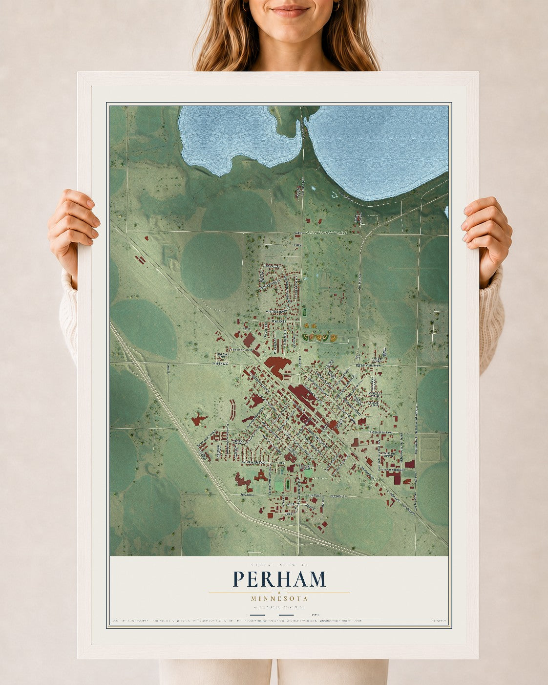 Map of Perham, Minnesota, 24 x 36 inch print in a white wood frame