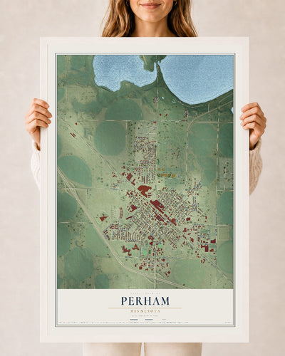 Map of Perham, Minnesota, 24 x 36 inch print in a white wood frame
