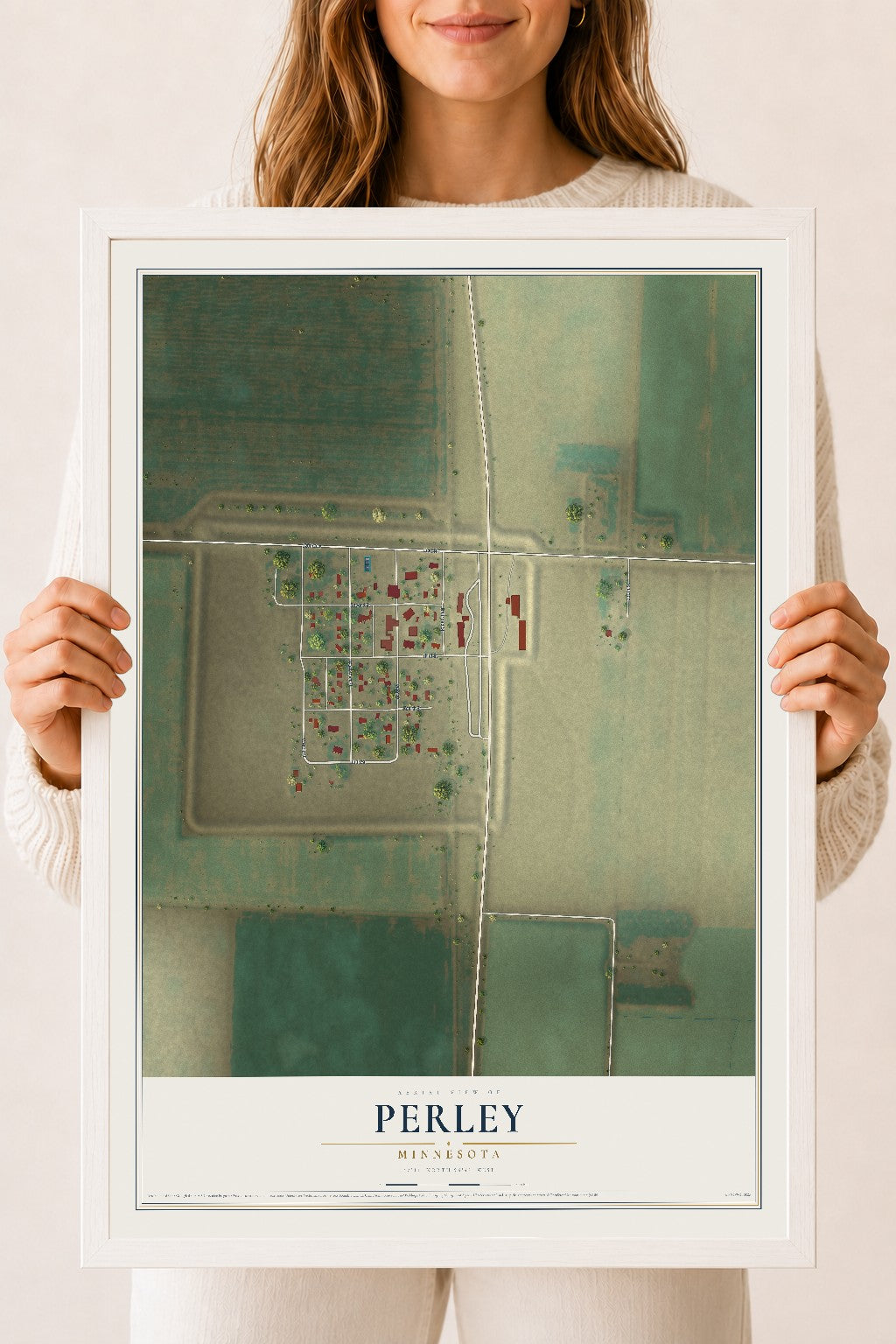 Map of Perley, Minnesota, 18 x 24 inch print in a white wood frame