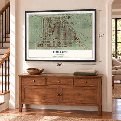 Phillips, Minnesota map, 24 x 36 inch print in a black frame above a dresser by a staircase