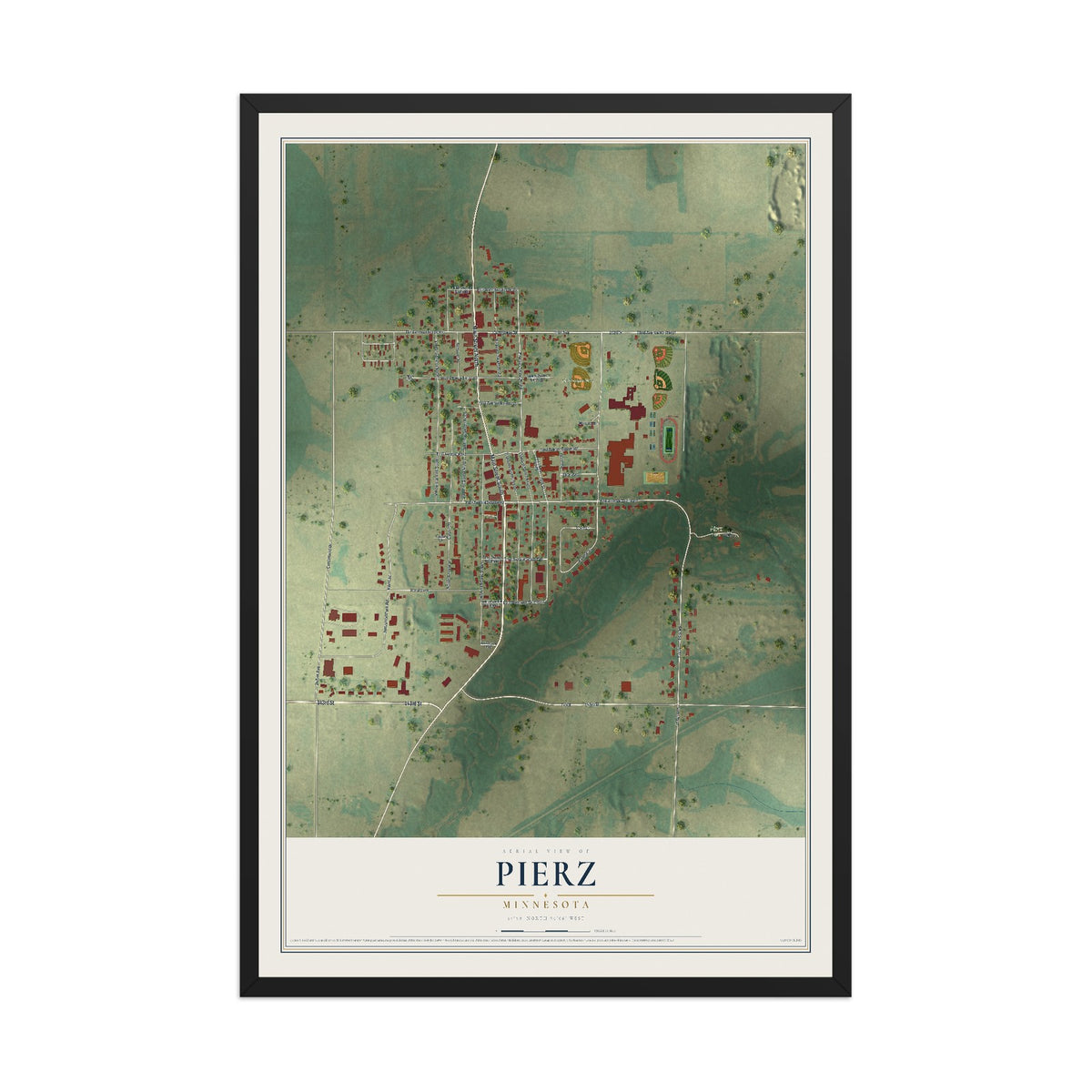 Map of Pierz, Minnesota, 12 x 18 inch print in a black wood frame