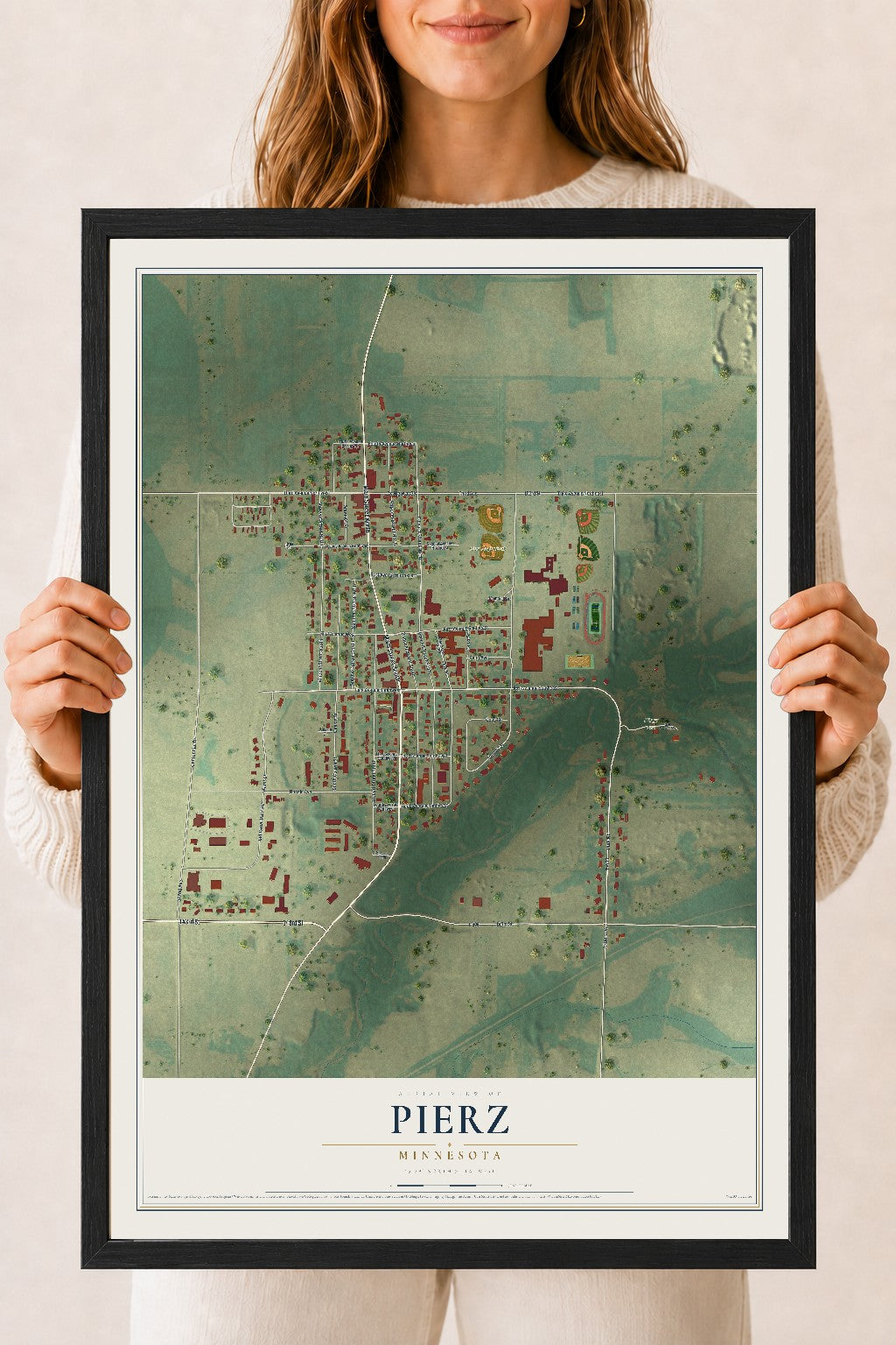 Map of Pierz, Minnesota, 18 x 24 inch print in a black wood frame