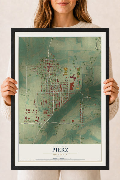 Map of Pierz, Minnesota, 18 x 24 inch print in a black wood frame