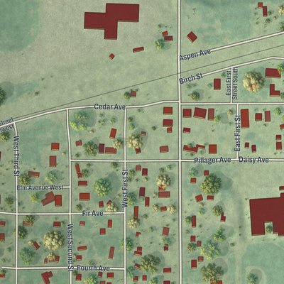Close-up of the map of Pillager, Minnesota print showing street and building detail