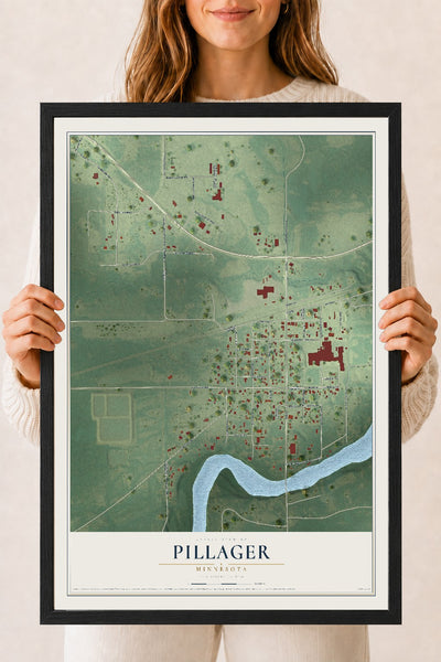 Map of Pillager, Minnesota, 18 x 24 inch print in a black wood frame