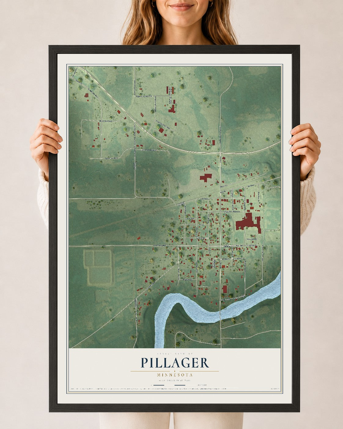 Map of Pillager, Minnesota, 24 x 36 inch print in a black wood frame