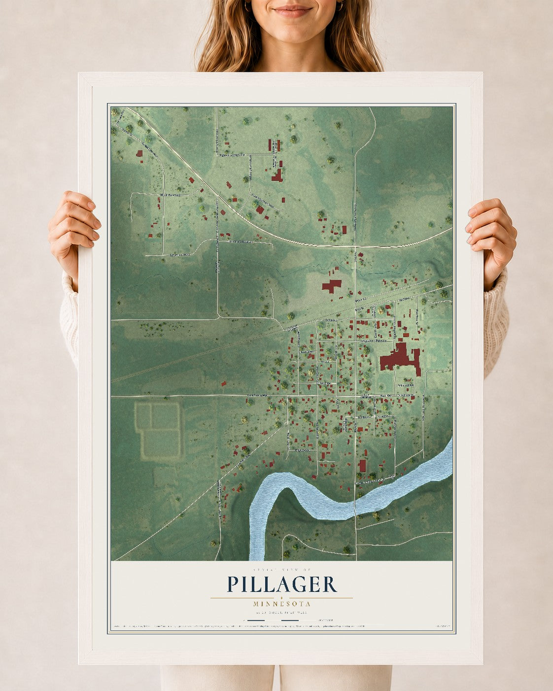 Map of Pillager, Minnesota, 24 x 36 inch print in a white wood frame