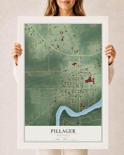 Map of Pillager, Minnesota, 24 x 36 inch print in a white wood frame