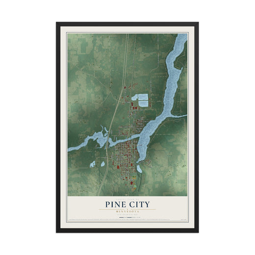 Map of Pine City, Minnesota, 12 x 18 inch print in a black wood frame