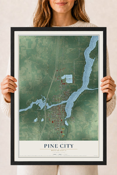 Map of Pine City, Minnesota, 18 x 24 inch print in a black wood frame