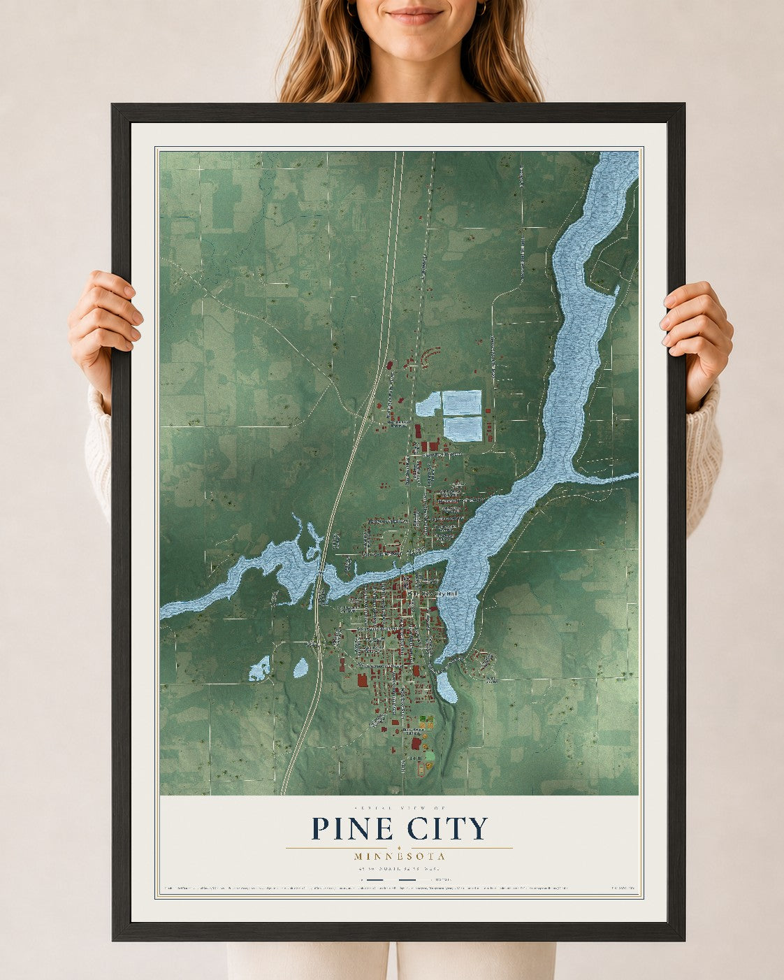 Map of Pine City, Minnesota, 24 x 36 inch print in a black wood frame