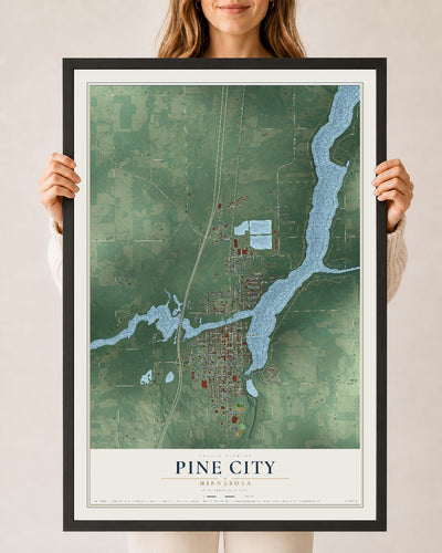 Map of Pine City, Minnesota, 24 x 36 inch print in a black wood frame