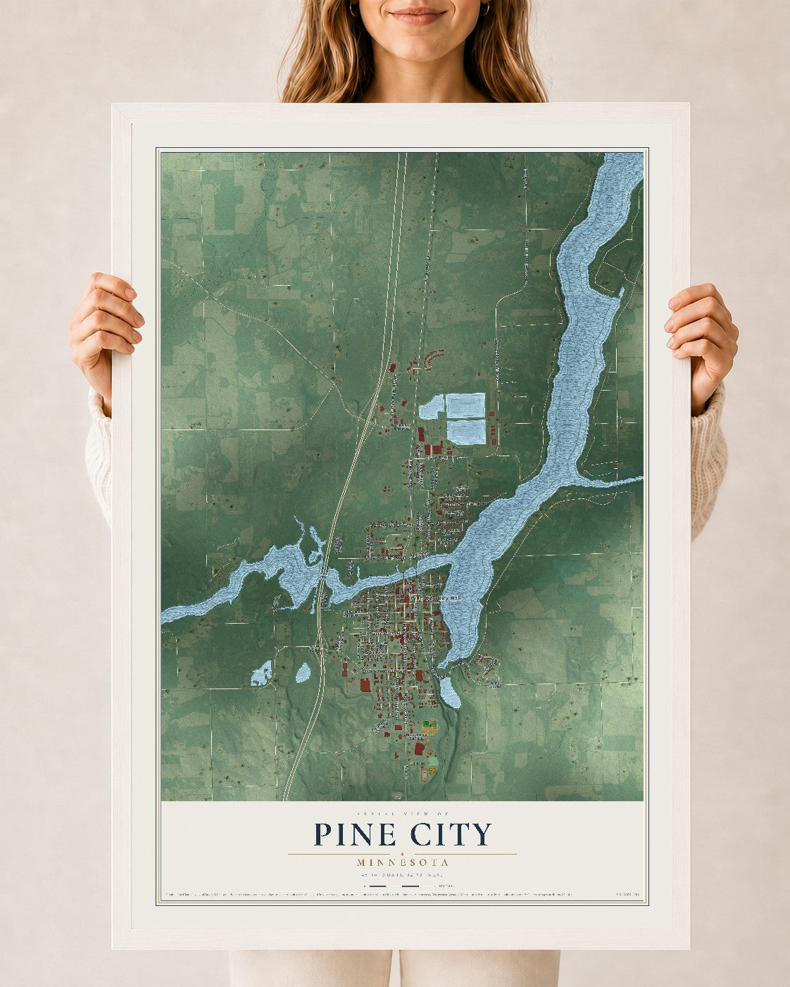 Map of Pine City, Minnesota, 24 x 36 inch print in a white wood frame