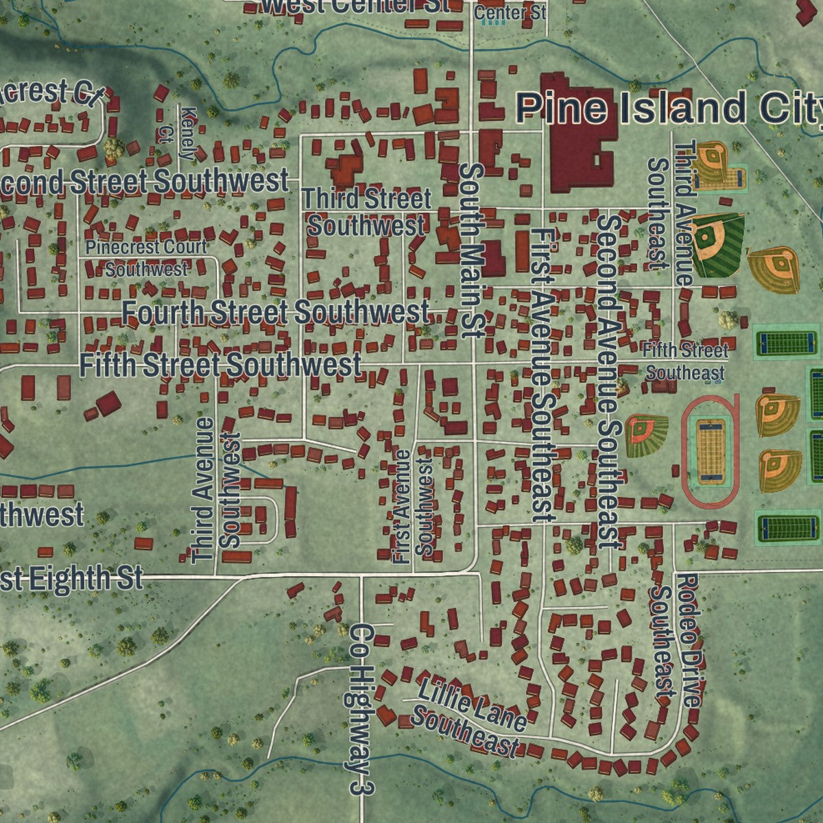 Close-up of the map of Pine Island, Minnesota print showing street and building detail