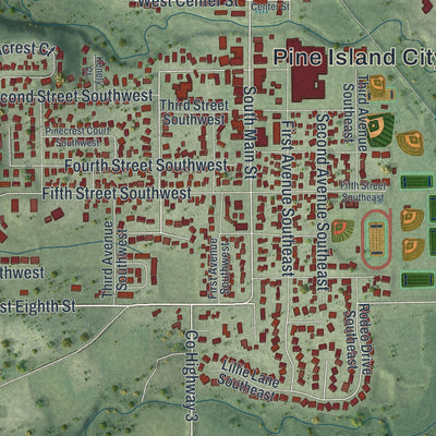 Close-up of the map of Pine Island, Minnesota print showing street and building detail